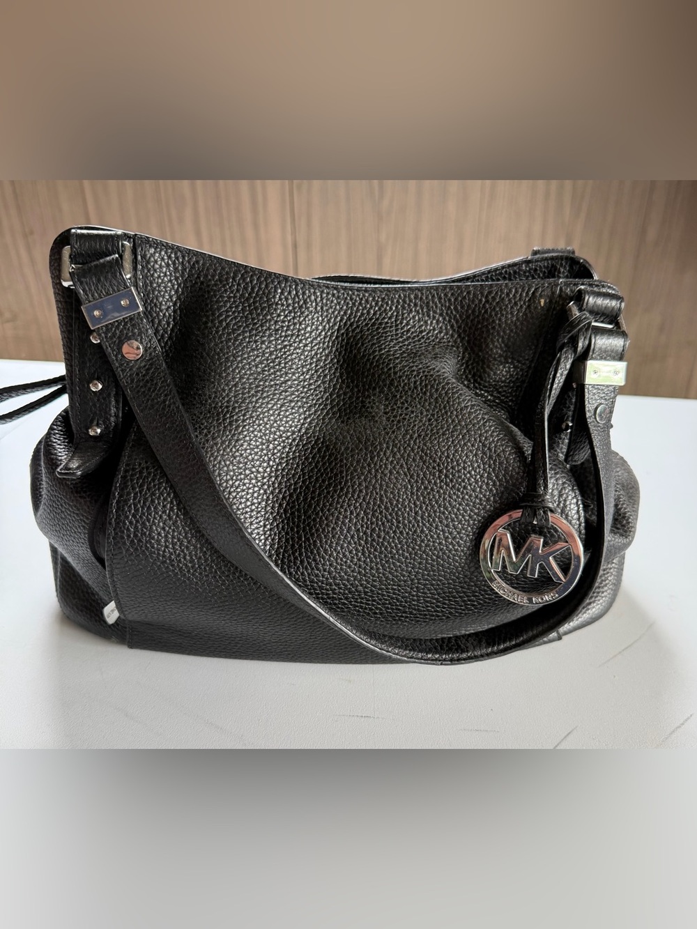 Michael Kors Black Pebbled Leather Shoulder Tote with MK Charm